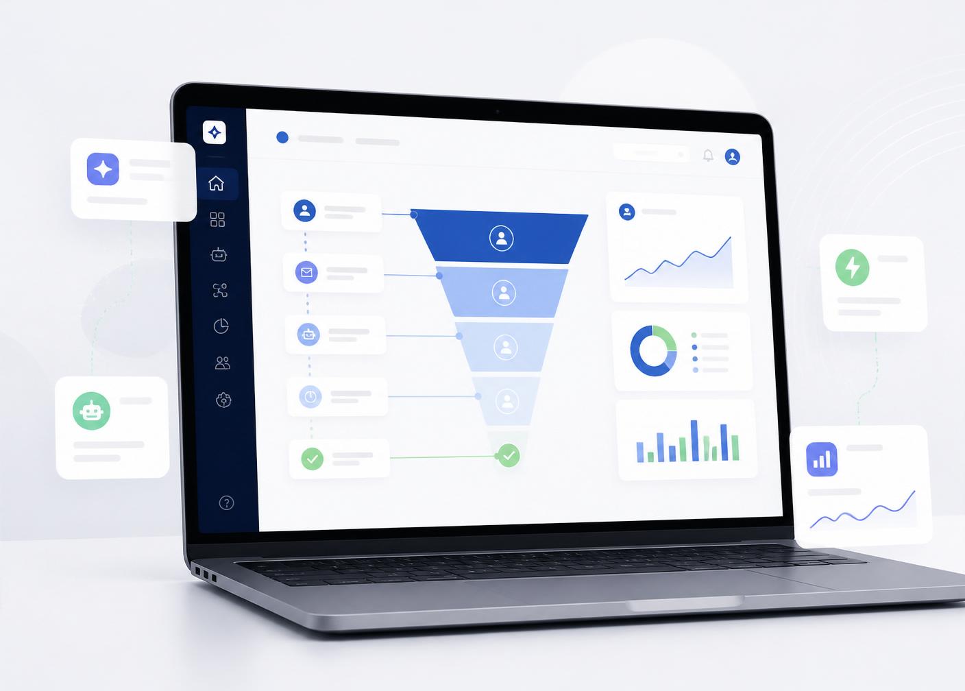 Dashboard einer KI-Plattform mit Funnel-Übersicht, Automationen und Auswertungen